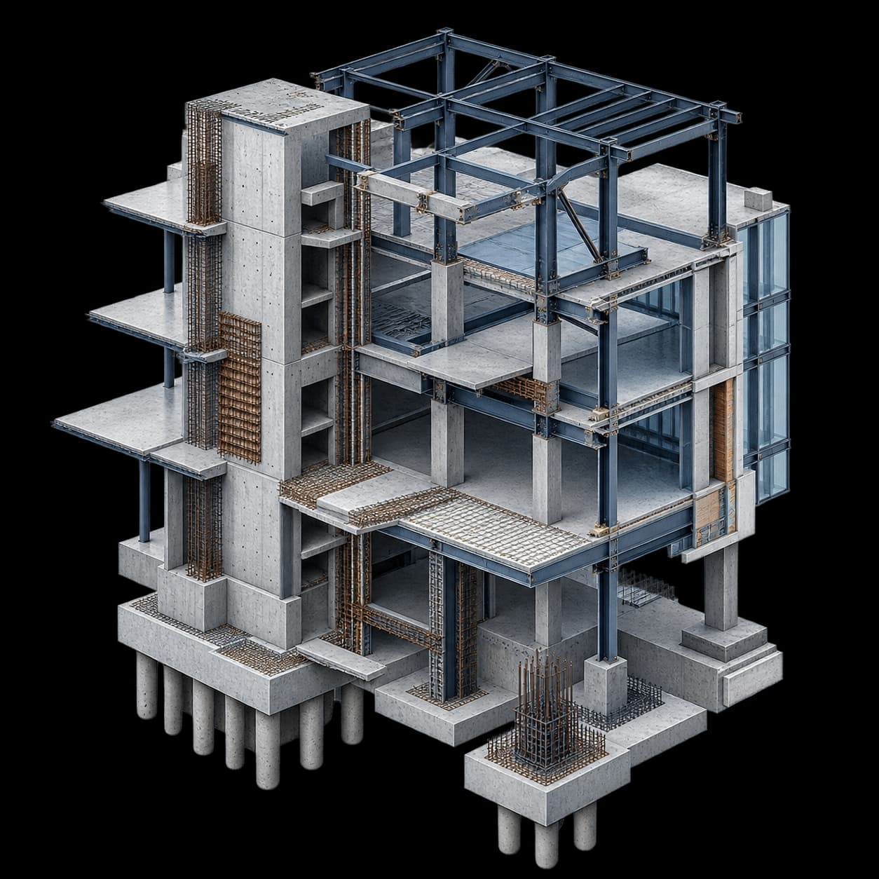 Monochrome photograph of a steel structural connection with bolted plates on a concrete frame