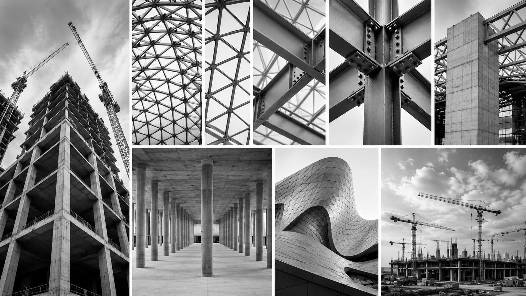 Monochrome collage of structural engineering and construction photography